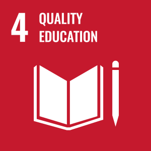 Red background SDG 4 logo with white open book and pencil