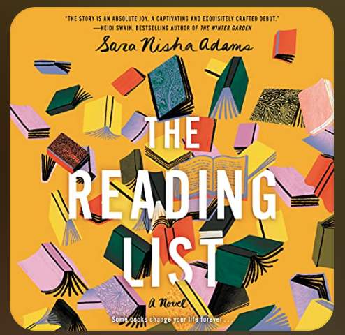 The Reading List book cover yellow background with lots of books floating